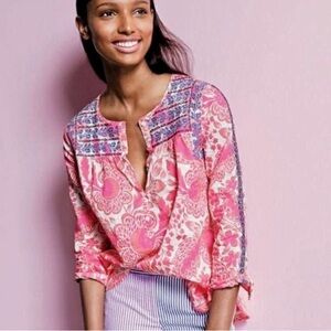 J. Crew Pink and Blue Graphic Blouse with Mandarin Collar